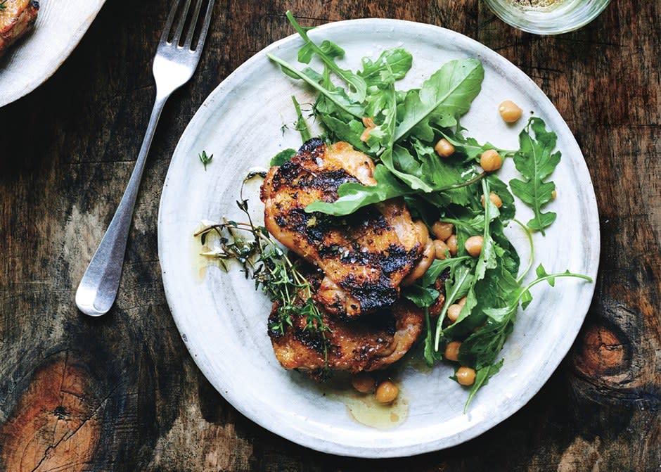 Grilled Chicken with Arugula and Warm Chickpeas