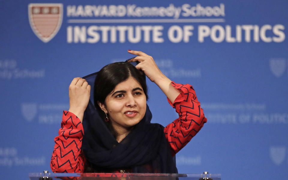 2014 Nobel Laureate Malala Yousafzai adjusts her scarf during an address at the Kennedy School's Institute of Politics at Harvard University in Cambridge, Mass., Thursday, Dec. 6, 2018. (AP Photo/Charles Krupa)