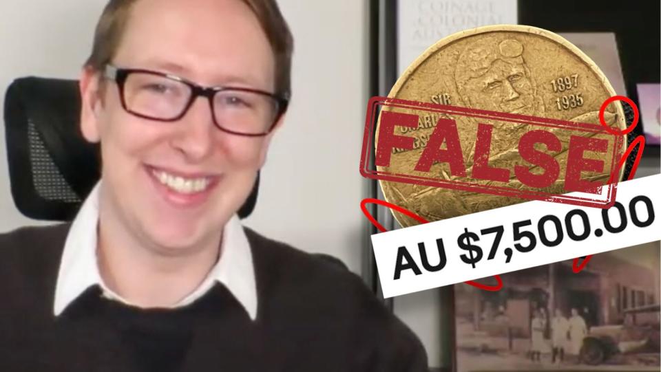 Coin collector Matt Thompson with a one dollar coin valued at $7,500 and a false stamp over it.