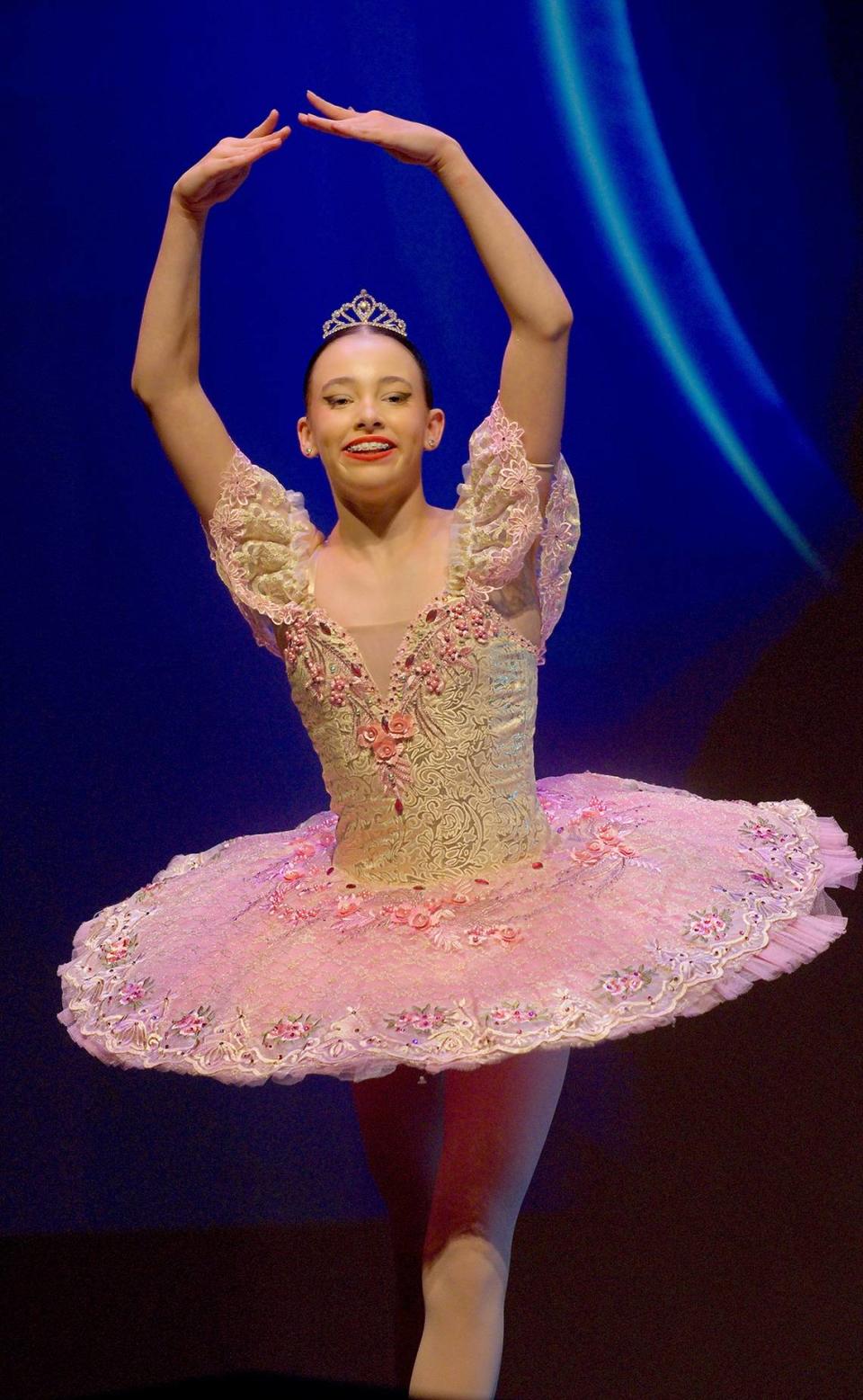 Maribelle Juvier, 12, of Miami Arts Studio 6-12 @ Zelda Glazer, performs on the Actors’ Playhouse stage at the Miracle Theatre in Coral Gables during finals of Young Talent Big Dreams 2024 on May 11, 2024. Maribelle won the Individual Dance category.