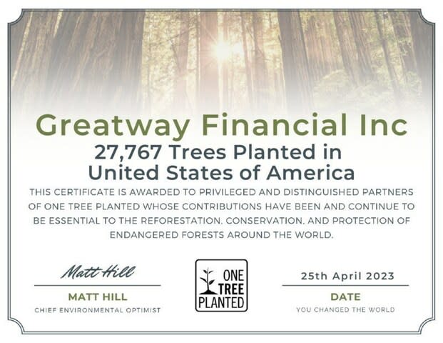 Greatway Financial Inc. Certificate of Donation from One Tree Planted awarded April 25, 2023 for the donation of 27,767 trees in the Species Conservation and Restoration of Longleaf Pine trees in the United States. (CNW Group/Greatway Financial Inc)