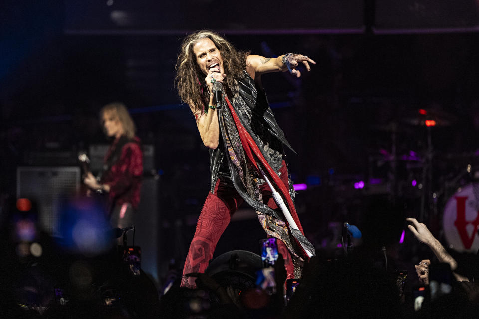 Steven Tyler of Aerosmith performs during night one of their "Peace Out: The Farewell Tour" on Saturday, Sept. 2, 2023, at Wells Fargo Center in Philadelphia. (Photo by Amy Harris/Invision/AP)