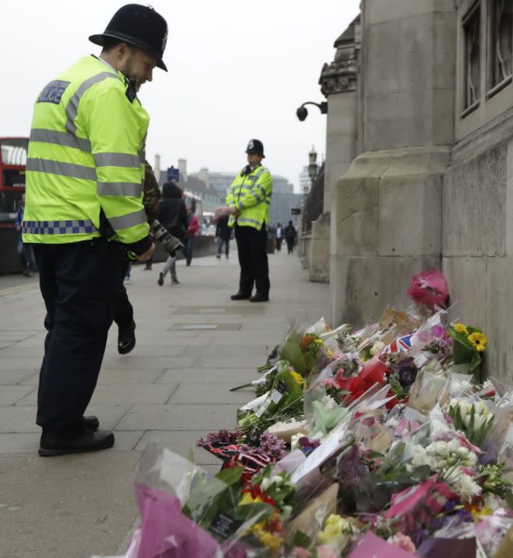 Floral tributes in memory of the victims of Wednesday's attack outside the Houses of Parliament (REX/Shutterstock)