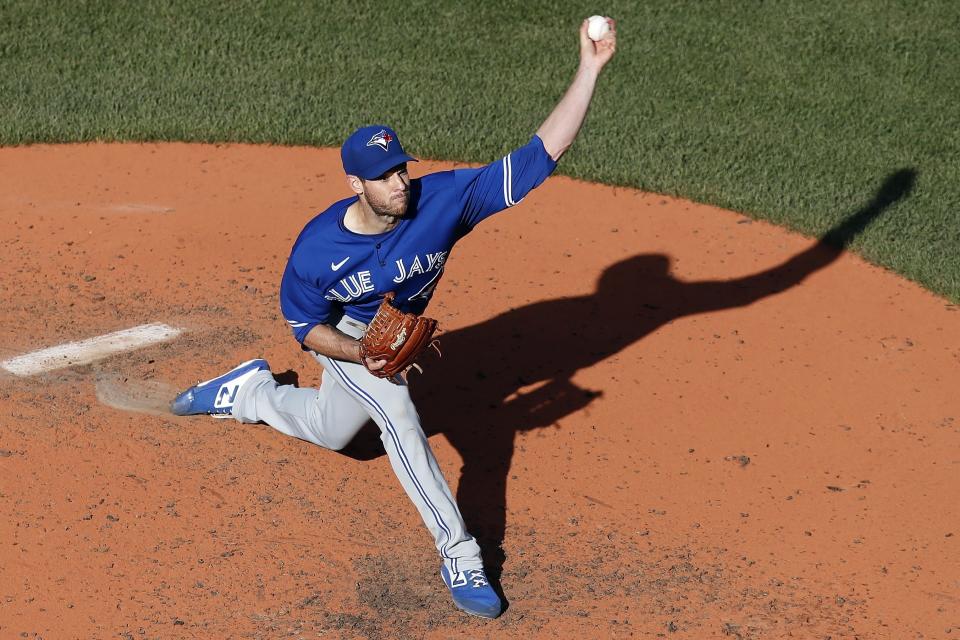 Toronto Blue Jays' Steven Matz pitches during the fifth inning of a baseball game against the Boston Red Sox, Saturday, June 12, 2021, in Boston. (AP Photo/Michael Dwyer)