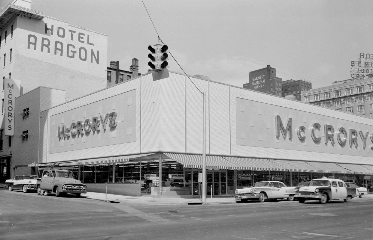 McCrory's (1959): McCrory's opened at the corner of Hogan and Bay Streets in September of 1959. The Bay Street store closed in 1995 after the company had financial difficulties. Hotel Aragon is pictured to the left and Barnett National Bank and Hotel Seminole are at rightin the background. [Florida Times-Union archives]
