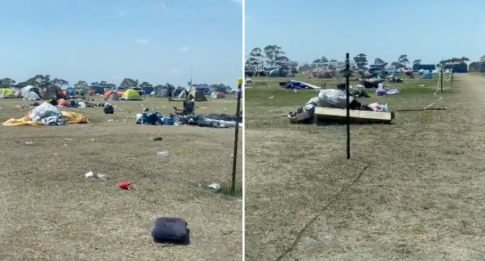 Images of dumped camping gear at Beyond The Valley camp grounds.