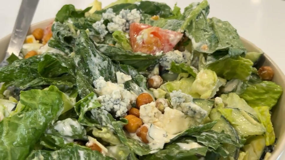 <p>In place of bacon, this satisfying salad uses store-bought crispy chickpeas for lower saturated fat and less prep time. Using fresh herbs, bright citrus and a creamy base of yogurt and mayonnaise for the dressing gives it a flavorful finish. <a href="https://www.eatingwell.com/recipe/7903279/chopped-cobb-salad-with-creamy-garlic-dressing/" rel="nofollow noopener" target="_blank" data-ylk="slk:View Recipe;elm:context_link;itc:0;sec:content-canvas" class="link ">View Recipe</a></p>