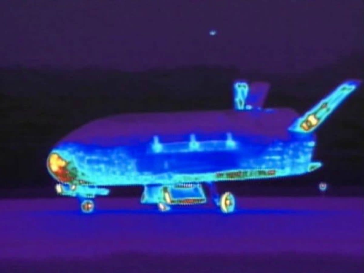 An infrared view of the X-37B unmanned spacecraft at Vandenberg Air Force Base, California  (AP)