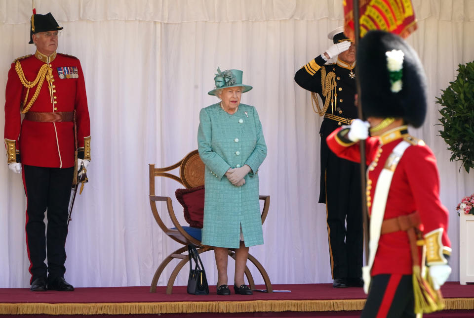 WINDSOR, ENGLAND - JUNE 13:  Queen Elizabeth II attends a ceremony to mark her official birthday at Windsor Castle on June 13, 2020 in Windsor, England. The Queen celebrates her 94th birthday this year, in line with Government advice, it was agreed that The Queen's Birthday Parade, also known as Trooping the Colour, would not go ahead in its traditional form. (Photo by Paul Edwards - WPA Pool/Getty Images)