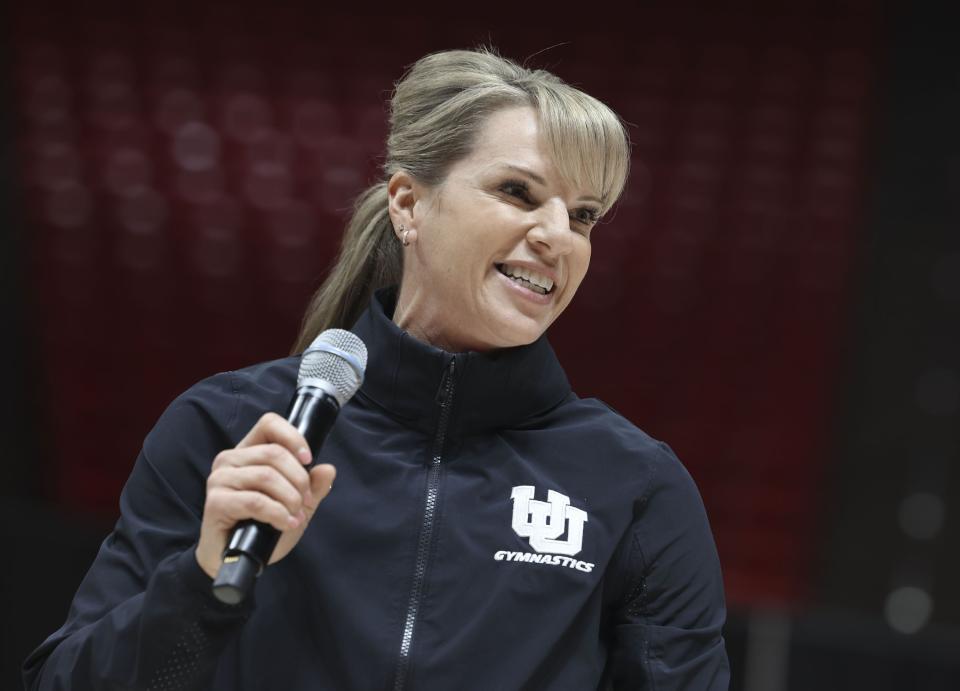 Utah Gymnastics Coach Carly Dockendorf speaks at the Huntsman Center in Salt Lake City on Wednesday, Dec. 13, 2023. A vehicle lease deal was made available to members of the women’s gymnastics and men’s and women’s basketball programs as part of a Name, Image and Likeness (NIL) deal. | Laura Seitz, Deseret News