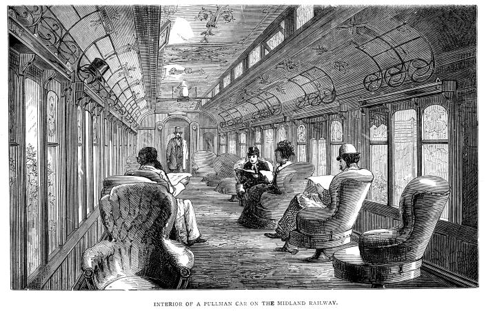 The interior of a car on a train from 1884.