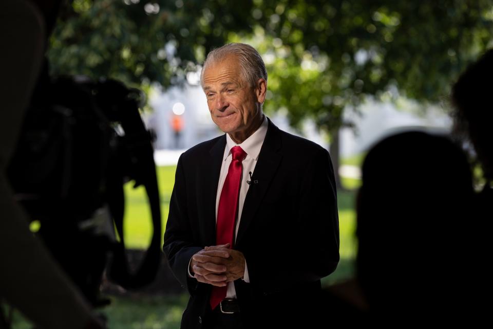 White House trade adviser Peter Navarro stands before a television interview at the White House, Aug. 3, 2020, in Washington.