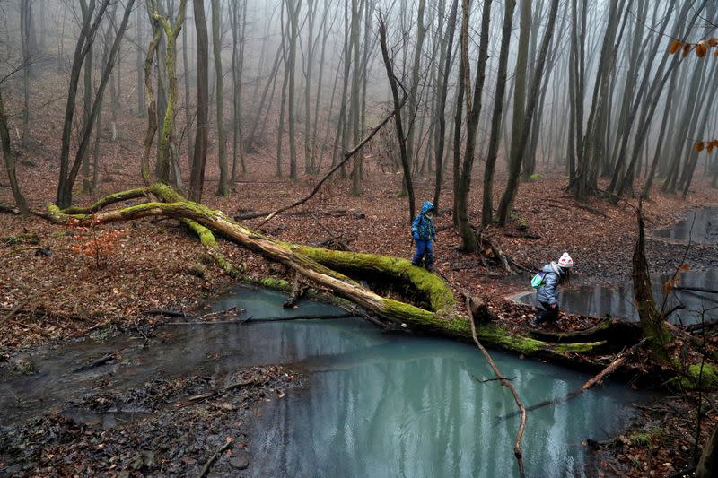 Miklosi, 8, and Miklosi, 6, hike on National Blue Trail along the Pilis Mountains near Pilisszentlaszlo