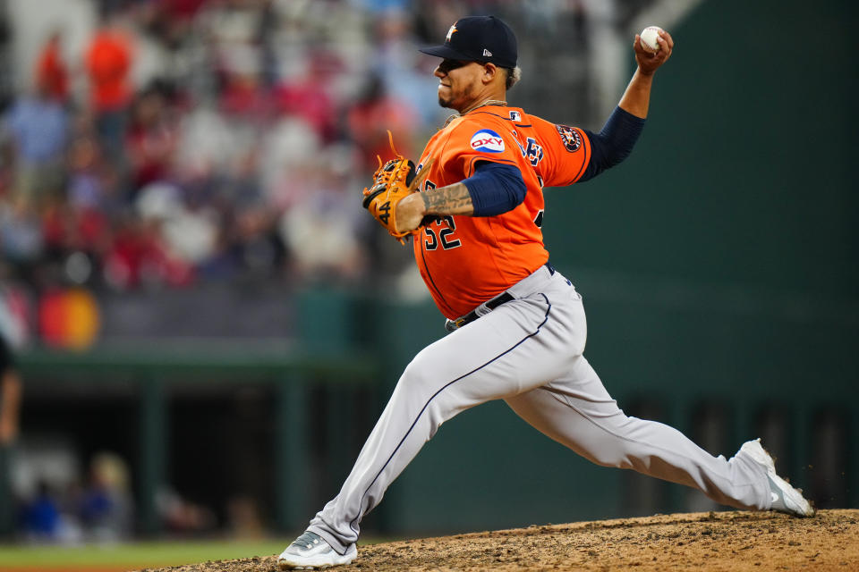 ARLINGTON, TX - OCTOBER 20:   Bryan Abreu #52 of the Houston Astros pitches during Game 5 of the ALCS between the Houston Astros and the Texas Rangers at Globe Life Field on Friday, October 20, 2023 in Arlington, Texas. (Photo by Daniel Shirey/MLB Photos via Getty Images)