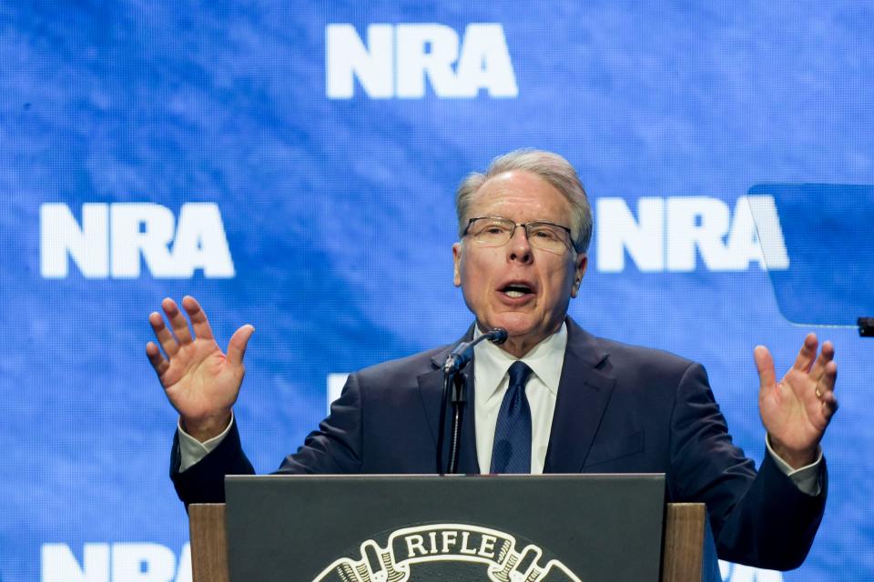 NRA Executive Vice President and CEO Wayne LaPierre speaks Friday, April 14, 2023, during the NRA convention at the Indiana Convention Center in Indianapolis