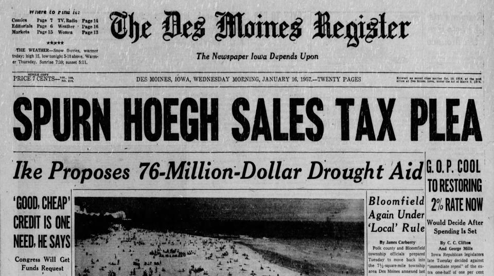A page 1 headline from 1956 reports on President Dwight D. Eisenhower seeking aid for a still-record drought that affected much of the country, including Iowa.