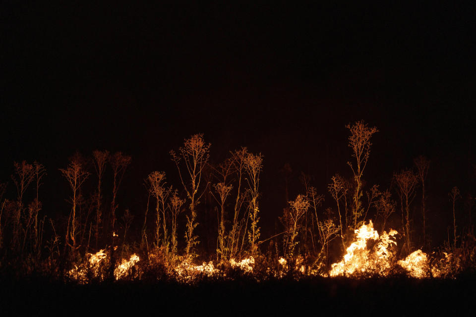 Flames consume brush along Gilman Springs Road during the Rabbit Fire late Friday, July 14, 2023, in Moreno Valley, Calif. (AP Photo/Eric Thayer)