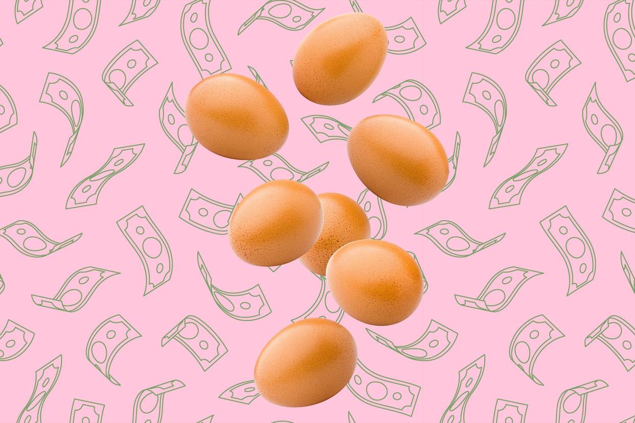 a collage of eggs falling with dollar bills