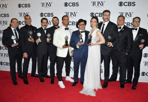 Cast and creative team of 'The Band's Visit' pose for photos in the 72nd Annual Tony Awards Media Room, at 3 West Club in New York, on June 10, 2018