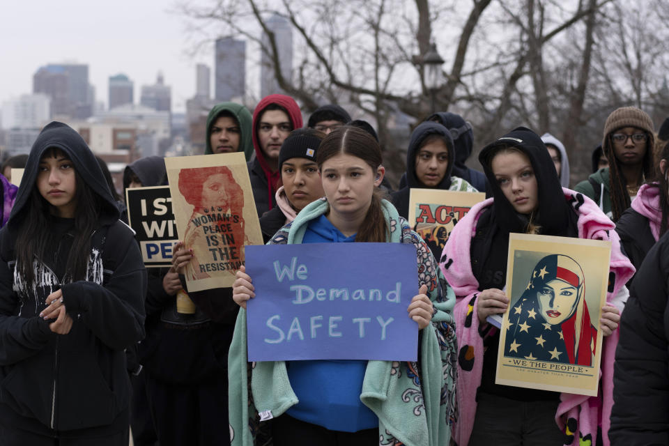 Students and supporters gather to protest gun violence during the opening day of the Iowa Legislature, Monday, Jan. 8, 2024, at the Capitol in Des Moines, Iowa. The school walkout and protest were organized by March For Our Lives Iowa in reaction to a school shooting in Perry, Iowa, in which a 17-year-old killed a sixth-grade student and wounded seven other people before authorities say he died of a self-inflicted gunshot wound. (AP Photo/Carolyn Kaster)