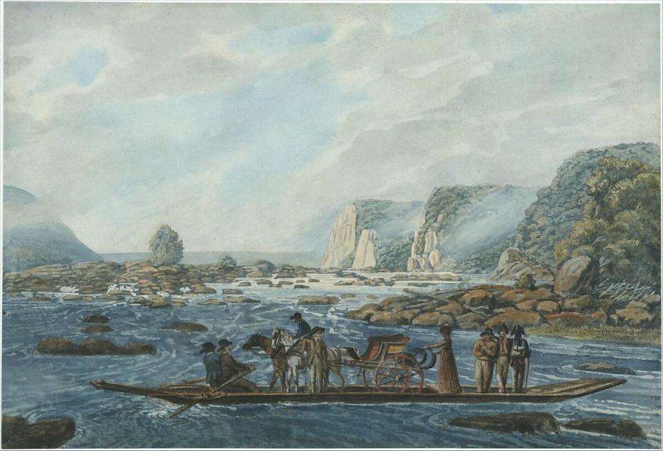 This portrait captures an early ferry crossing the Susquehanna River. In the day of the ferry, about 15 boats operated on the Lower Susquehanna, from Harrisburg to the Chesapeake Bay.