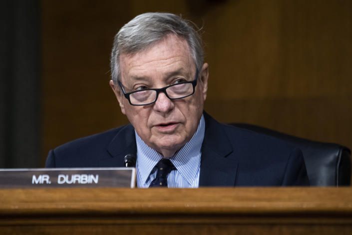 Sen. Richard Durbin, D-Ill., makes an opening statement during a Senate Judiciary Committee hearing examining issues facing prisons and jails during the coronavirus pandemic on Capitol Hill in Washington, Tuesday, June 2, 2020. (Tom Williams/CQ Roll Call/Pool via AP)