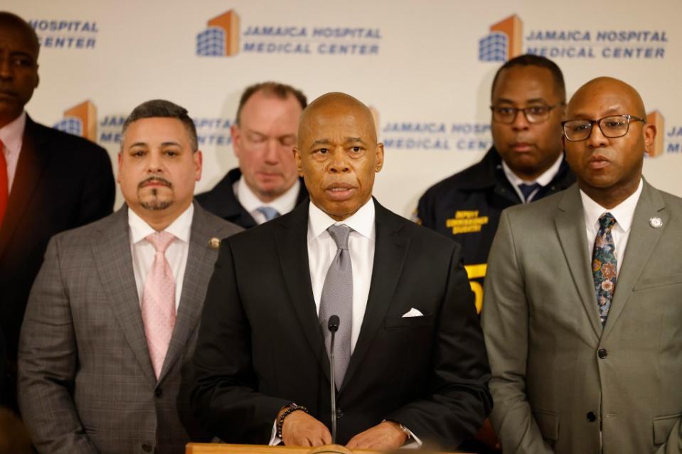 Mayor Eric Adams held a press conference Monday after the police officer was killed in the line of duty. Kevin C. Downs for NY Post