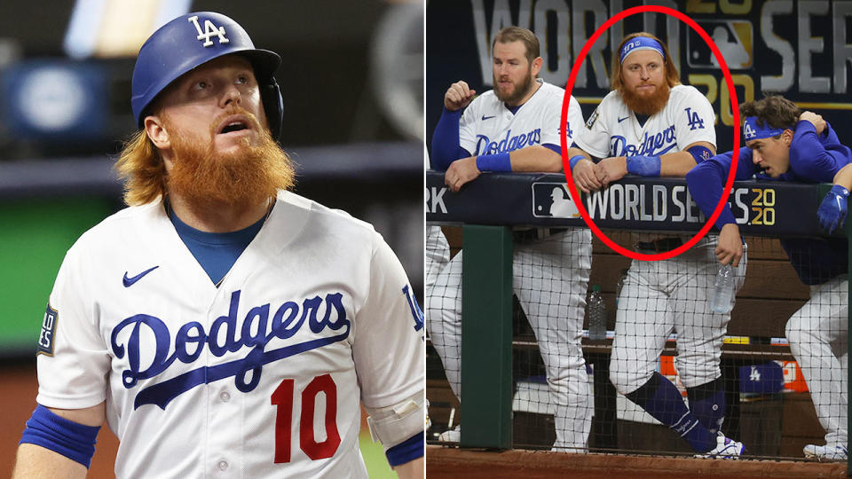 Pictured here, Justin Turner got news of a positive coronavirus test towards the end of Game 6.