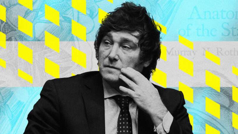 Javier Milei, new libertarian-leaning president of Argentina, against a yellow and blue background.