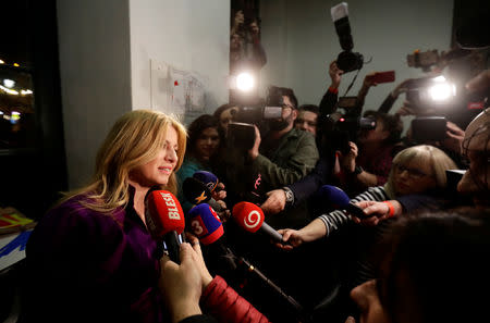 Slovakia's presidential candidate Zuzana Caputova addresses the media at the party's headquarters in Bratislava, Slovakia, March 30, 2019. REUTERS/David W Cerny