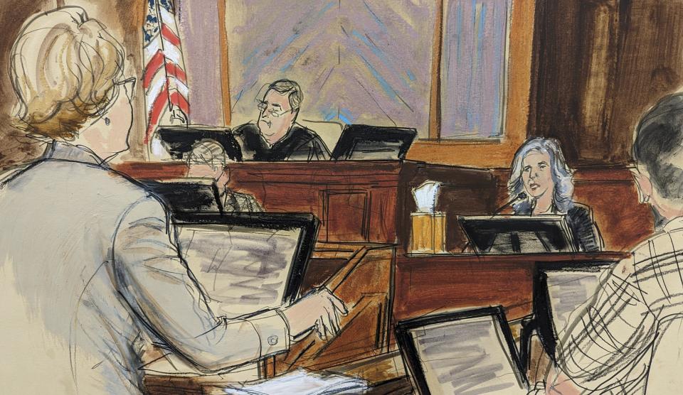 This artist sketch depicts psychologist Leslie Lebowitz, right, testifying on direct examination by E. Jean Carroll's attorney, Roberta Kaplan, left, in Manhattan federal court, Wednesday, May 3, 2023, in New York. (Elizabeth Williams via AP)