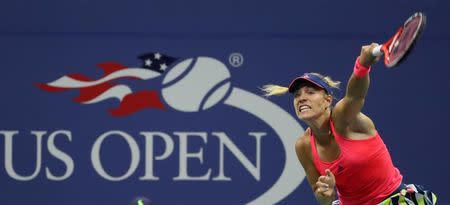 Sep 4, 2016; New York, NY, USA; Angelique Kerber of Germany serves against Petra Kvitova of the Czech Republic (not pictured) on day seven of the 2016 U.S. Open tennis tournament at USTA Billie Jean King National Tennis Center. Mandatory Credit: Geoff Burke-USA TODAY Sports