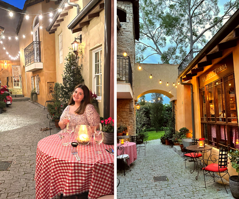 At left, a woman sits with a glass of wine at a red-checked tablecloth in a stone alleyway; at right, another view of the alley outside the trattoria