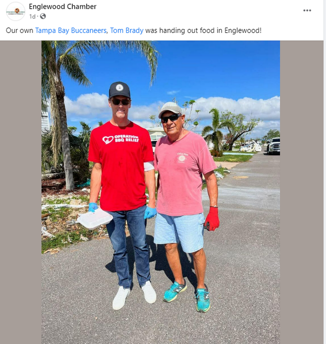 Tampa Bay Buccaneers quarterback Tom Brady spent his off day on Saturday, Oct. 29, 2022, delivering meals to people in Englewood, Florida that were effected by Hurricane Ian in September.