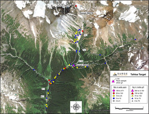 Tahtsa Target Map showing molybdenum-in-soils and silver-in-rocks.