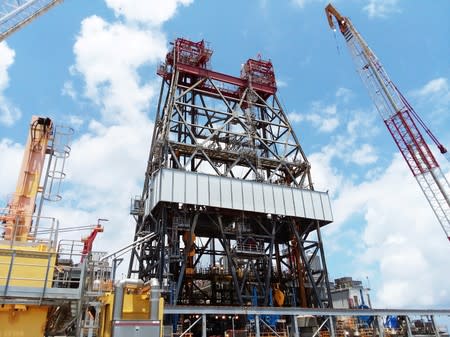 FILE PHOTO: A massive drilling derrick is pictured on BP's Thunder Horse Oil Platform in the Gulf of Mexico