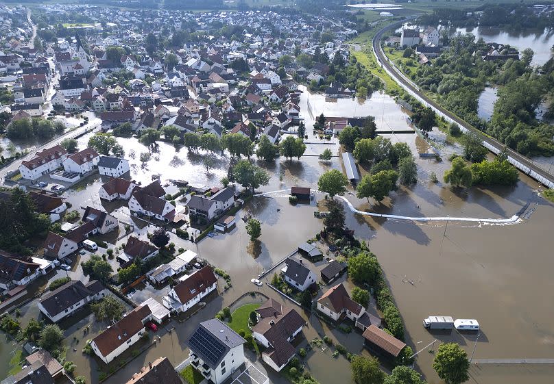 Parts of the city of Reichertshofen submerged due to widespread flooding, June 2, 2024