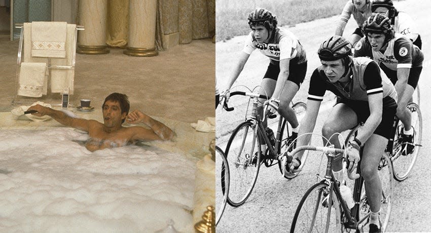 Scenes from "Scarface" left, and "Breaking Away."