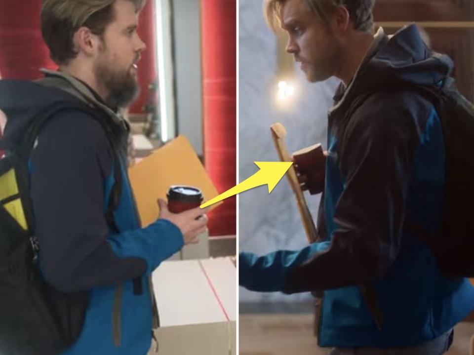 jake holding a coffee cup with lid and an arrow pointing from that cup to the next scene of jake holding a coffee cup without a lid