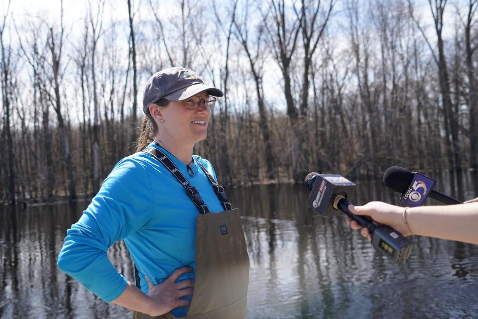 DNR fisheries biologist Margaret Stadig, leader of the agency's sturgeon program in the Winnebago System, is interviewed by television crews April 14 along the Wolf River in Shiocton.