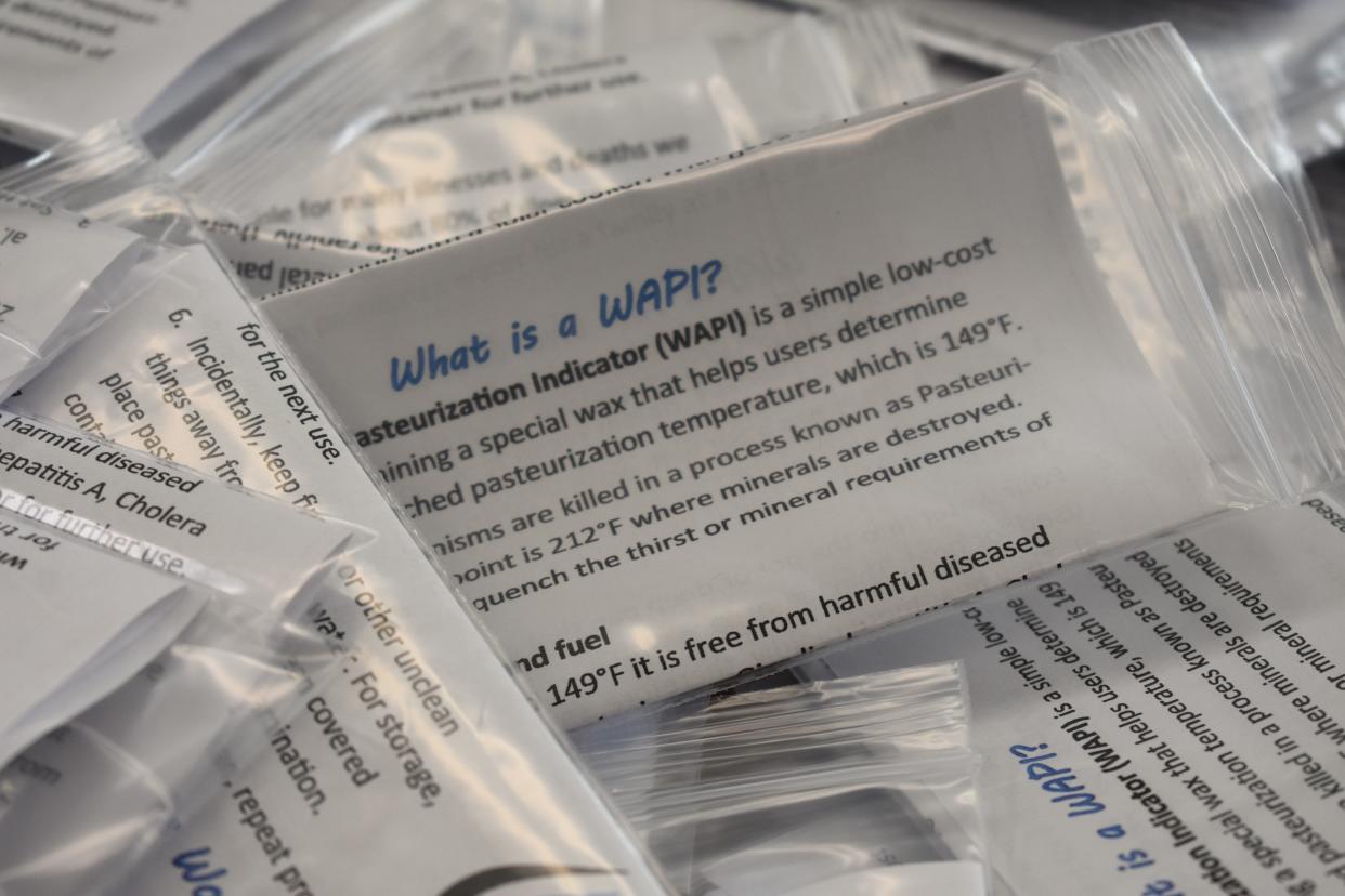 Bags of completed reusable Water Pasteurization Indicators, known by the acronym WAPI, are pictured Thursday, March 21, 2024, inside the Lenawee Intermediate School District's (LISD) Center for a Sustainable Future. A partnership between students from the LISD Tech Center's FFA program and the Rotary Club of Tecumseh made it so hundreds of the WAPIs — low-cost thermometers that can serve as an essential tool for determining when water has reached its pasteurization temperature — were created.