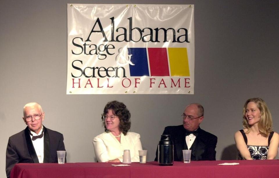 March 2001 at the Alabama Stage & Screen Hall of Fame press conference, Jennings Faulk Carter recalls his cousin Truman Capote, while Mary Badham, Phillip Alford and Rebecca Luker listen. Honorees that year included Capote, Luker, and the movie "To Kill a Mockingbird."
