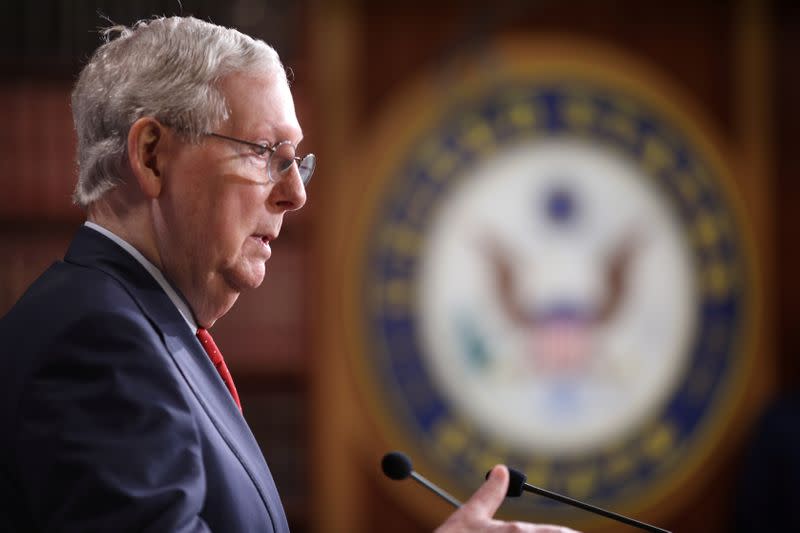 FILE PHOTO: U.S. Senate Majority Leader McConnell speaks to reporters about coronavirus relief legislation on Capitol Hill in Washington