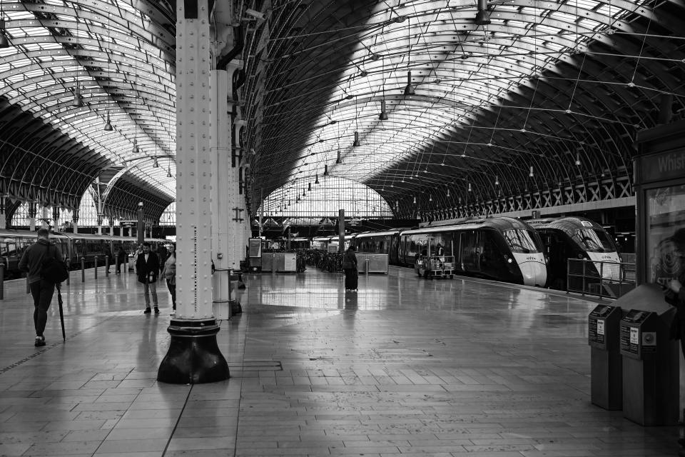 Paddington station platform in black and white