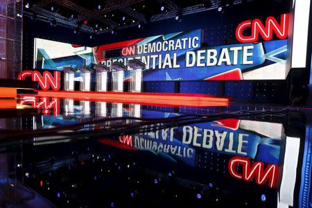 The stage is seen before the first official Democratic candidates debate of the 2016 presidential campaign in Las Vegas, Nevada October 13, 2015. REUTERS/Lucy Nicholson