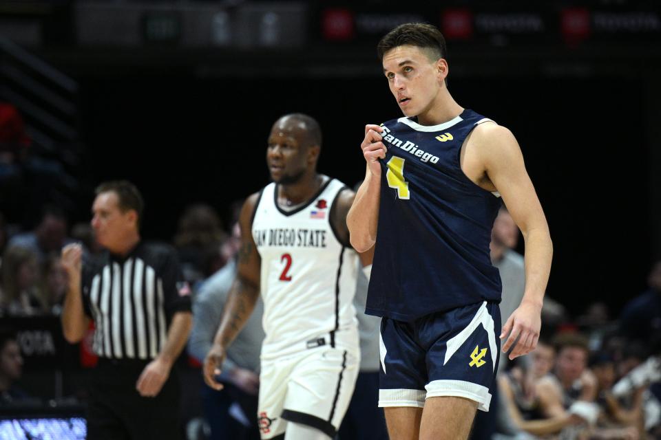 Dec 20, 2022; San Diego, California, USA; UC San Diego Tritons guard Bryce Pope (4) reacts ahead of San Diego State Aztecs guard Adam Seiko (2) during the second half at Viejas Arena.