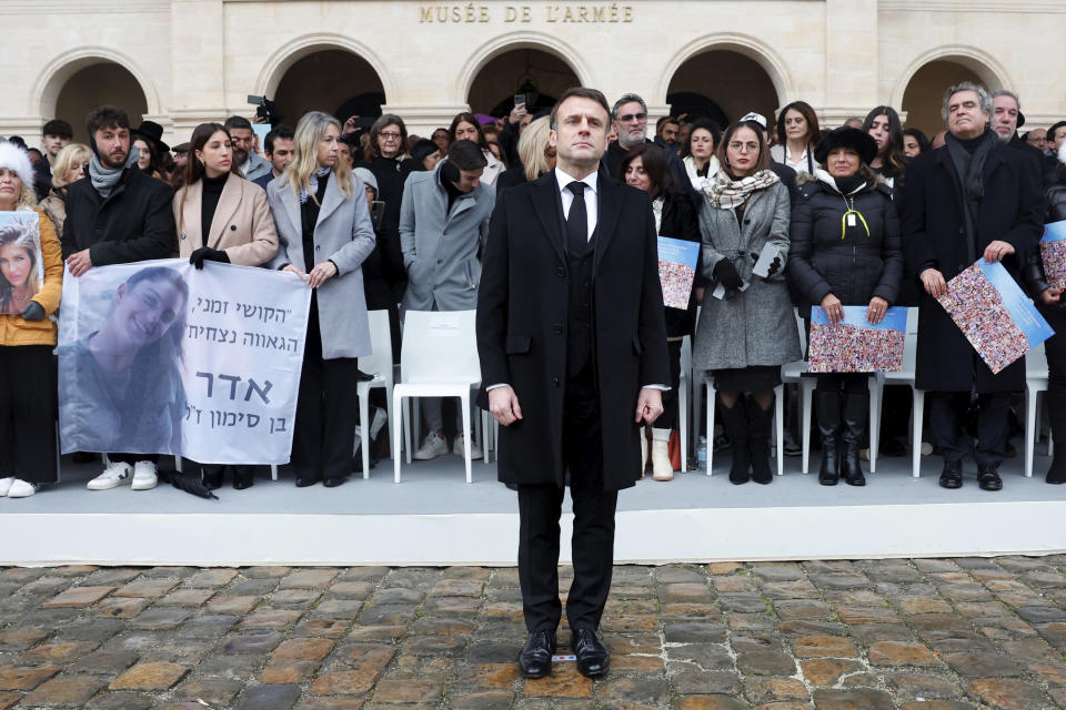 French President Emmanuel Macron attends a ceremony for the French victims of the Oct.7 2023 Hamas' attack, at the Invalides monument, Wednesday, Feb.7, 2024. France is paying tribute to French victims of Hamas' Oct. 7 attack, in a national ceremony led by President Emmanuel Macron four months after the deadly assault in Israel that killed some 1,200 people, mostly civilians, and saw around 250 abducted.(Gonzalo Fuentes/Pool via AP)