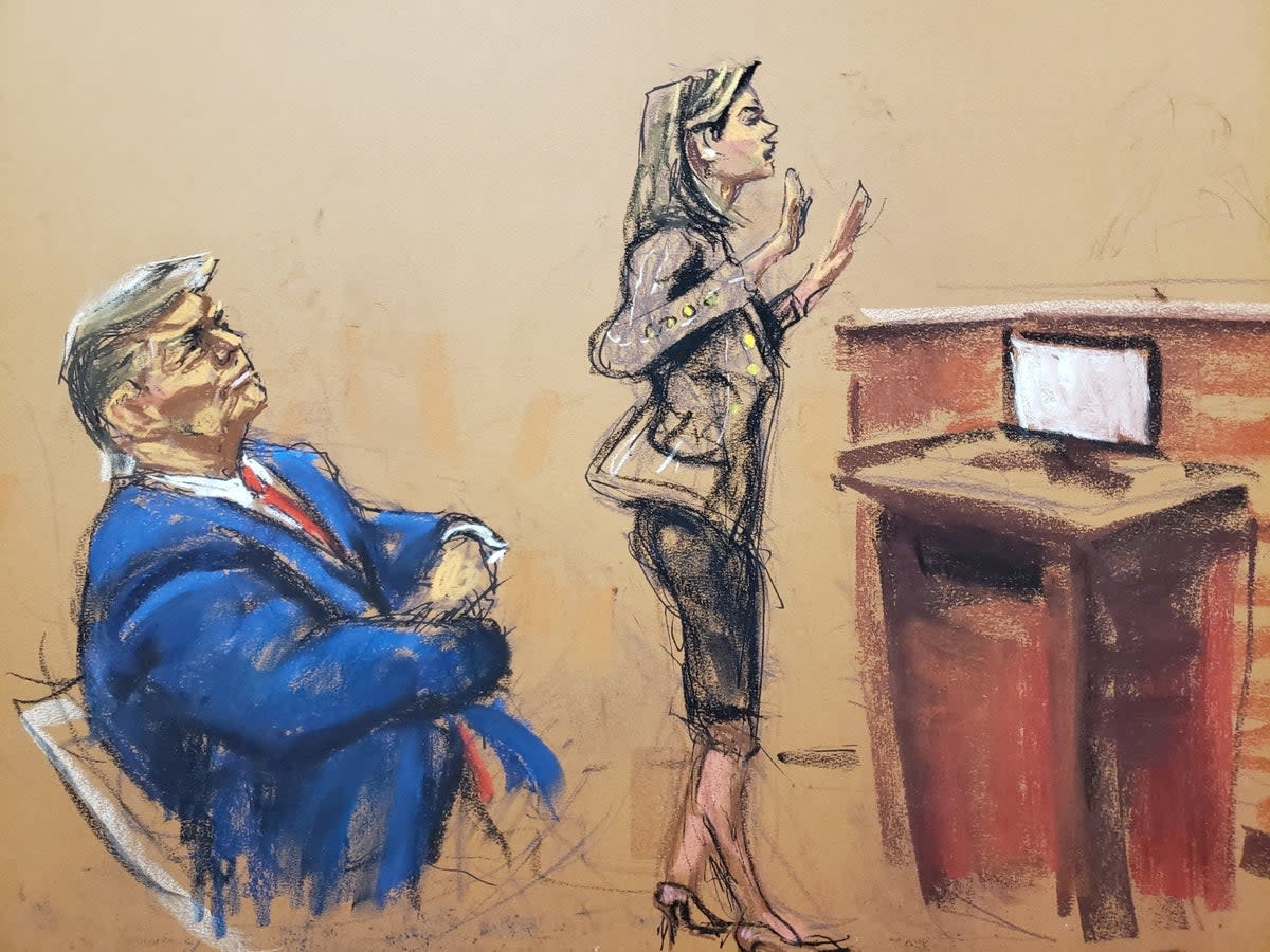 A courtroom sketch depicts Donald Trump listening to his attorney Alina Habba givesclosing arguments at his civil fraud trial in New York on 11 January. (REUTERS)
