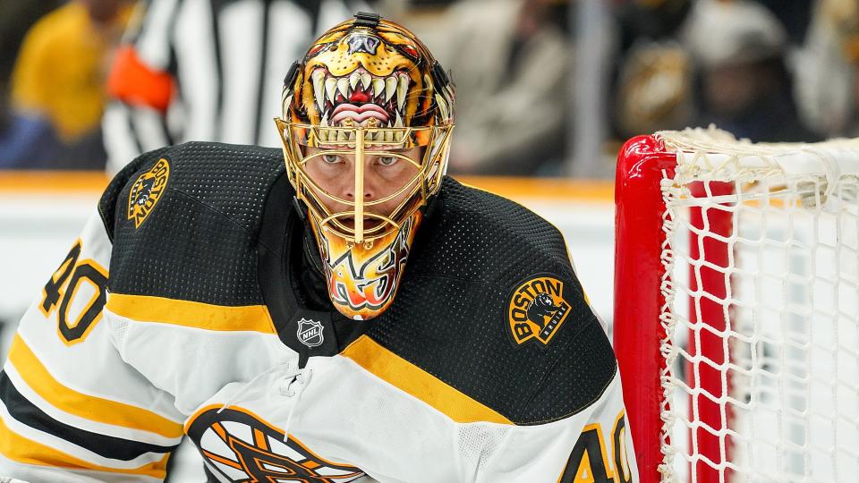 Rask was struck with an elbow early against the Blue Jackets. (Photo by John Russell/NHLI via Getty Images)