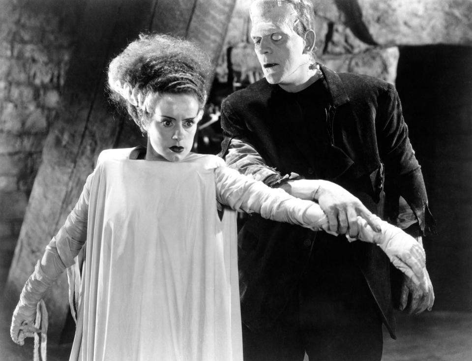 Elsa Lanchester as the Bride of Frankenstein and Boris Karloff as Frankenstein's Monster in a scene from a classic horror film